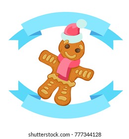 Gingerbread man with ribbon banner. Vector illustration isolated on white background for logos, stickers and other items.