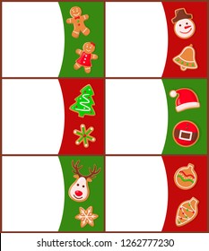 Gingerbread man Santa Claus and pine tree posters with text sample. Snowman and bell, spruce and belt hat, reindeer and cone bauble toy decoration
