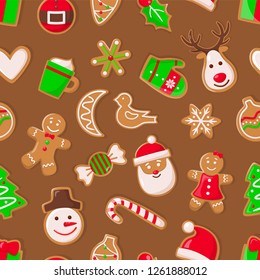 Gingerbread man and Santa Claus, reindeer and candy vector. Snowman with carrot nose and mug with beverage, bird and snowflake ornament seamless pattern