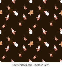 Gingerbread man, Santa Claus, snow man with hat and deer vector object with rounded corner seamless pattern background. Best for winter holiday fabric, giftwrap, scrapbook, greeting cards design.