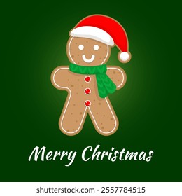 Gingerbread Man with Santa Hat for Christmas. Festive gingerbread man wearing a Santa hat and green scarf on a dark green background with "Merry Christmas" text