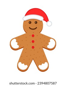 Gingerbread man with santa hat. Cute ginger bread character in flat cartoon design. Classic Christmas cookies. Xmas biscuit isolated on white background. Vector illustration.