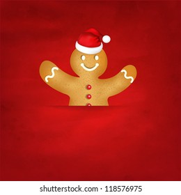 Gingerbread Man With Santa Hat And Old Red Background With Gradient Mesh, Vector Illustration
