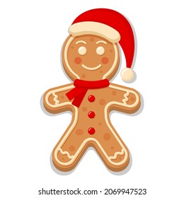 Gingerbread Man In Santa Hat And Scarf. Christmas Icon. Sweet Homemade Glazed Biscuit. 