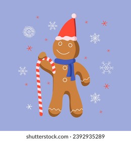 Gingerbread man in Santa hat and scarf. Sweet food, holiday dessert. Christmas homemade gingerbread on an isolated background. Snowflakes. Festive cookies. Graphic vector.