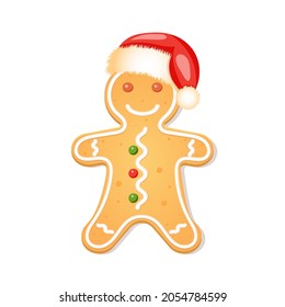 Gingerbread Man in Santa's Christmas Hat, vector illustration