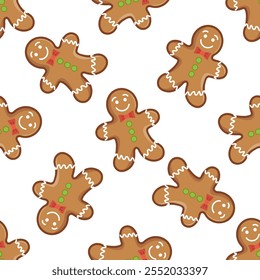 Gingerbread man seamless pattern with bow tie and icing decorations illustration