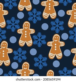 Gingerbread man seamless pattern, Christmas gingerbread and snowflakes on dark blue background vector illustration