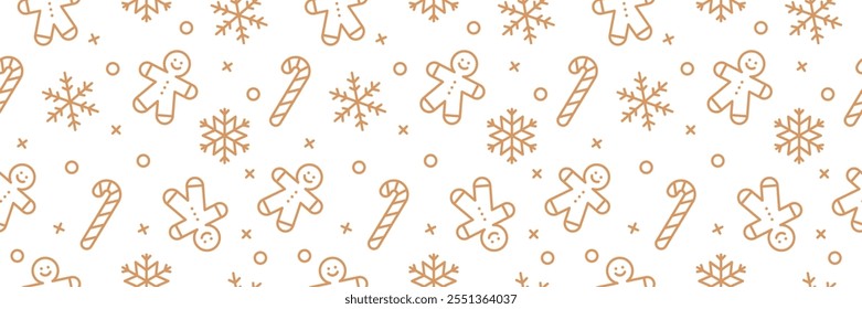 Gingerbread man seamless pattern. Christmas cookies, snowflakes wallpaper. Background, wrapping paper with snowflakes