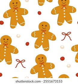 Gingerbread man seamless pattern. Christmas cookies, ginger biscuits, candies, Xmas sweets, spices background. Winter holiday bakery and treats, repeating print. Colored flat vector illustration