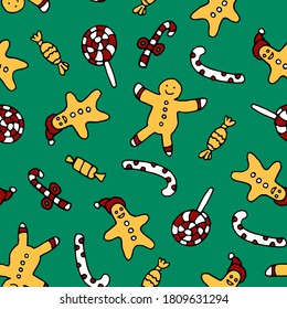 Gingerbread man seamless pattern. Cute vector background for new year's day, Christmas cookies, sweets, candies, print , ornament textile, scrapbook, packing, wrapping paper, poster, tile.