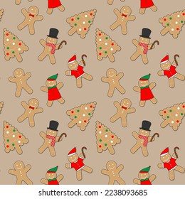 Gingerbread man seamless pattern. Cute gingerbread man and Christmas tree vector background for new year's day, Christmas, winter holiday, cooking, new year's eve, food, etc. Cute Xmas background.