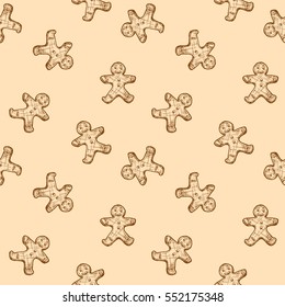 Gingerbread Man Seamless Pattern In Ink Hand Drawn Style.