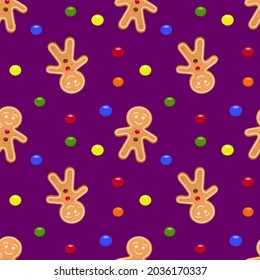Gingerbread man seamless pattern. Purple background. Vector design. 