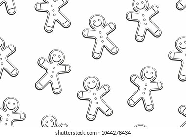 gingerbread man seamless pattern, thin line style. isolated on white background