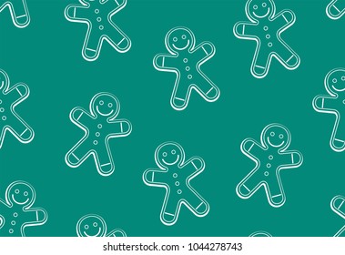 gingerbread man seamless pattern, thin line style. isolated on green background