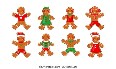 Gingerbread man set, christmas ginger cake collection. Biscuits cookies with bread texture, tasty winter xmas homemade confectionery. Vector cartoon flat illustration tidy isolated elements