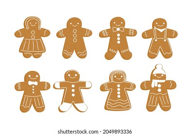 gingerbread man set. Christmas new year ginger cookie in the shape of a person. Brown pepper cake for the holiday. Glazed men. Stock vector flat cartoon illustration isolated on white background.