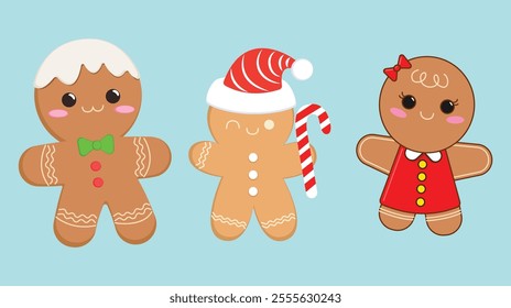 Gingerbread man set collection. Holiday winter Christmas symbols. Merry Christmas elements vector.