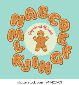 Gingerbread man with set of gingerbread cookie letters, A through N. Vector illustration.