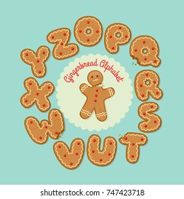 Gingerbread man with set of gingerbread cookie letters, O through Z. Vector illustration.