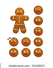 Gingerbread man and set of gingerbread man faces. Vector Christmas and New Year holiday elements.