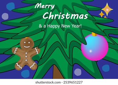 The gingerbread man from Shrek. The Christmas character pecheninka is hanging on the Christmas tree. Christmas decor. Christmas gingerbread. Vector postcard, banner.