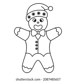 Lebkuchenmann. Skizze. Vektorgrafik. Junge in einer Weste mit einer Schleife. Lebkuchengebäck in einer Weihnachtsmütze. Umriss auf isoliertem Hintergrund. Festlicher Nachtisch. 