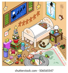 Gingerbread man sleeps in his bed, christmas tree with presents, toys and sleeping pug arranged in the room while Santa Claus silhouette can be seen through the window