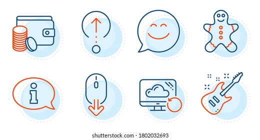 Gingerbread man, Smile chat and Electric guitar signs. Scroll down, Swipe up and Recovery cloud line icons set. Payment method, Information symbols. Mouse swipe, Scrolling page. Business set. Vector