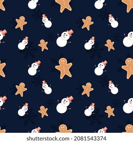 hombre de jengibre, hombre de nieve con sombrero sobre fondo azul oscuro con copo de nieve sin costura de fondo de patrón. Lo mejor para tejidos de vacaciones de invierno, giftwrap, scrapbooking, proyectos de diseño de tarjetas de felicitación.