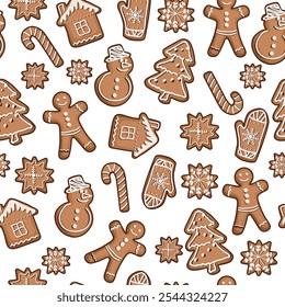 Gingerbread man, Snowman, House, Snowflake, Candy, Glove, Tree, Christmas Winter seamless pattern