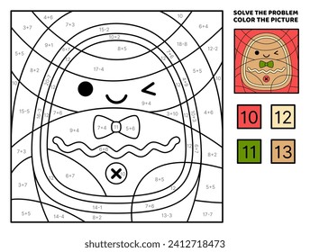 Hombre de pan de jengibre. Resuelva el problema, coloree la imagen. Adición, sustracción. Libro de colorear. Vector