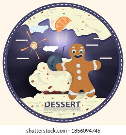 gingerbread man stands next to a cupcake and berry on cream, with the inscription dessert, round sticker flat design