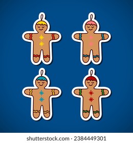 Gingerbread man stickers. Four cute hand drawn doodle figures. Merry Christmas and Happy New Year set. Cartoon design elements. Colorful outline icons.