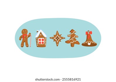 Gingerbread man. Sweets food. Holiday cookies, traditional dessert, baking. House, Christmas tree, snowflakes, stars. Christmas figurines. Winter holiday, vector illustration with isolated background.