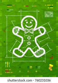 Gingerbread man symbol as technical blueprint drawing. Drafting of cookie man sign on crumpled paper. Vector illustration