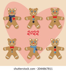 Gingerbread man, tiger cookies set. Christmas, New year holiday decoration vector illustration, greeting card, banner, poster.