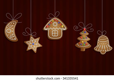 Gingerbread man tree bell half moon and stars with decorations Cristmas background