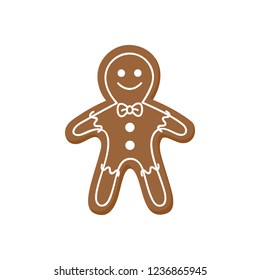Gingerbread man vector graphic illustration icon. Festive, holiday sweet and cute gingerbread christmas cookie decorated with sugar icing.