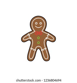 Gingerbread man vector graphic outlined illustration icon. Festive, holiday sweet and cute gingerbread christmas cookie decorated with white and colorful sugar icing.