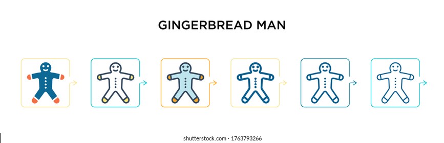 Gingerbread man vector icon in 6 different modern styles. Black, two colored gingerbread man icons designed in filled, outline, line and stroke style. Vector illustration can be used for web, mobile,