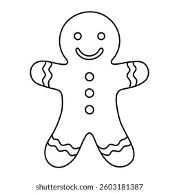 Gingerbread man vector illustration. Hand-drawn Christmas cookie in doodle style. Black line art isolated on white background.
