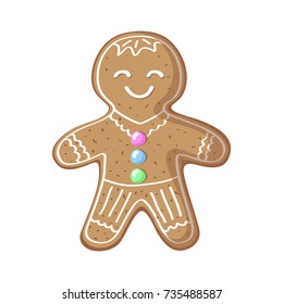 Gingerbread man vector illustration on white background. Cute smiling gingerbread man cartoon drawing. Christmas New Year traditional dessert. Ginger bread cookie isolated. Gingerbread figurine icon