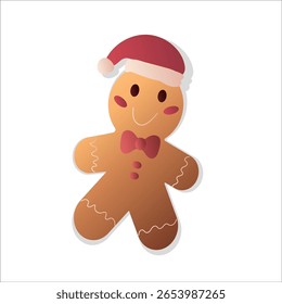 Gingerbread man vector in Santa hat. Festive Christmas cookie illustration. Isolated holiday design.