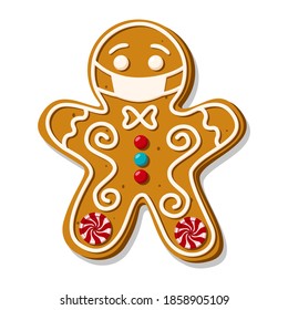Gingerbread man wearing face mask. Christmas homemade cookie. Pandemic new normal. Vector illustration