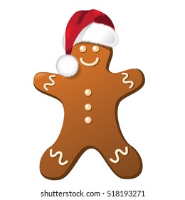 Gingerbread man wearing a Santa Claus hat for Christmas. EPS 10 vector.