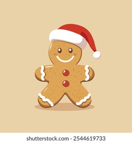 Gingerbread man wearing a Santa hat. Cute cartoon character. Vector illustration