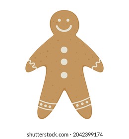 Gingerbread man with white glaze decor. Symbol of christmas. Winter holiday traditional cookie. Hand drawn vector illustration