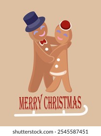 Gingerbread man and woman. Christmas card Merry Christmas.Homemade Christmas cookies. Winter holiday celebration theme.Gingerbread couple dancing.Vector illustration